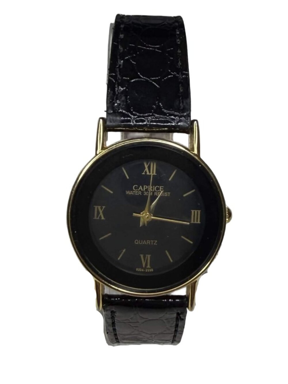 Vintage Caprice Quartz Watch Unisex Gold Tone Black Leather Japan Movement NOS